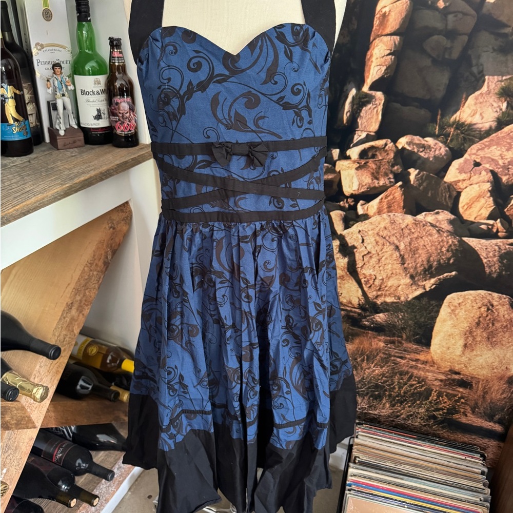 Elegant Blue and Black Halter Dress